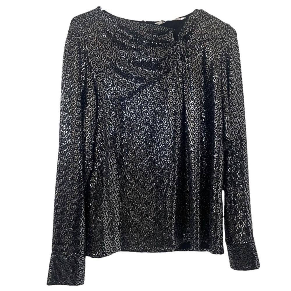 Zara NWT Silver Black Sequin Knot Neckline Top XS Long Sleeve Keyhole Button
